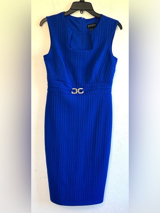 Enfocus Studio Dresses & Skirts - Enfocus Royal Blue Textured Sleeveless Gold Buckle Midi Dress Career Chic Sz 6